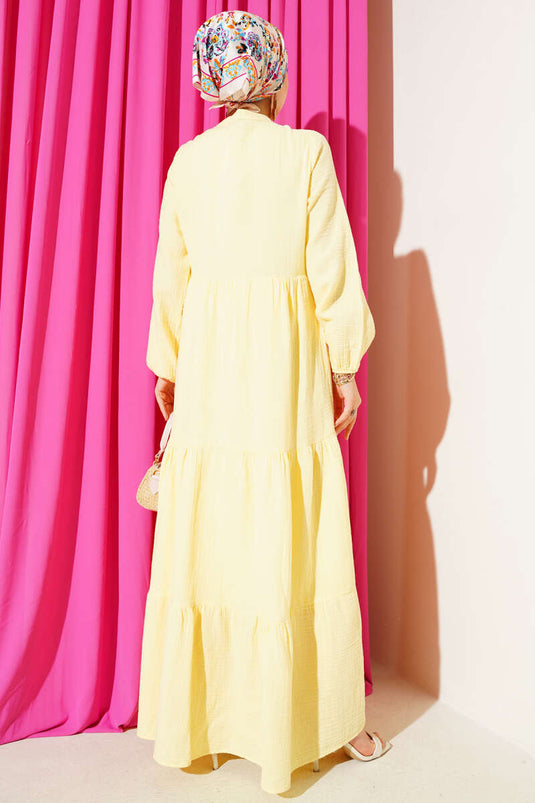 Yarım Düğmeli Hakim Yaka Müslin Elbise Sarı