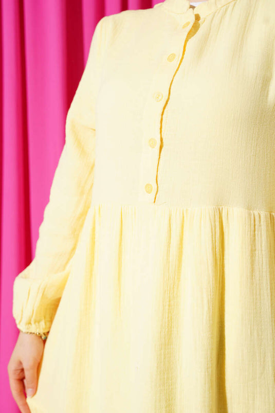 Yarım Düğmeli Hakim Yaka Müslin Elbise Sarı