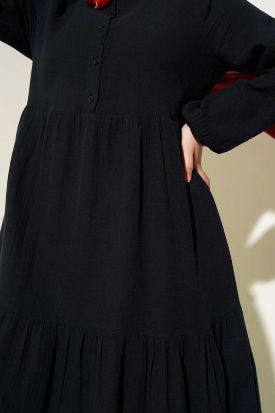 Yarım Düğmeli Hakim Yaka Müslin Elbise Siyah