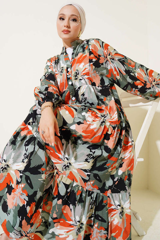 Halbgeknöpftes, aufwendig gemustertes Kleid, Khaki