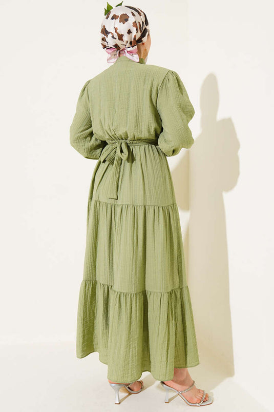 Robe en seersucker à demi-bouton et à plusieurs niveaux, kaki