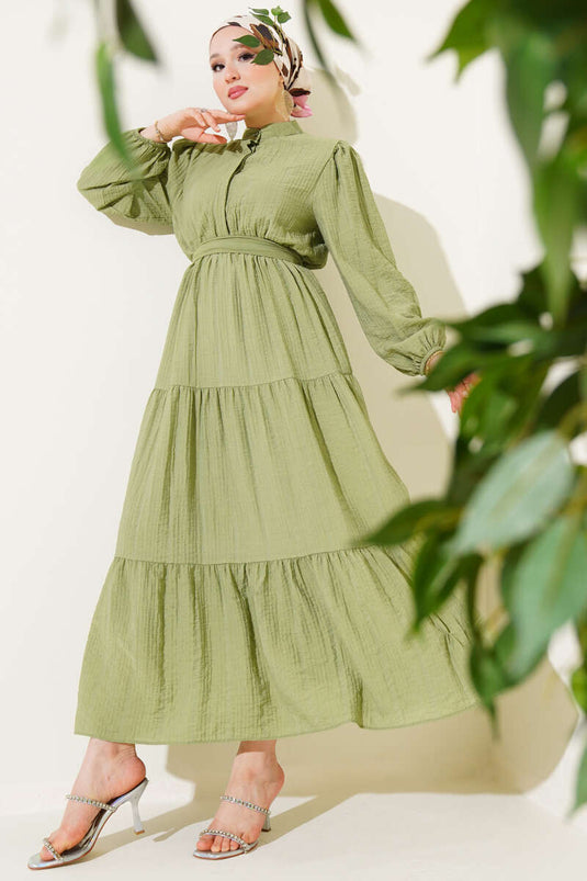 Robe en seersucker à demi-bouton et à plusieurs niveaux, kaki