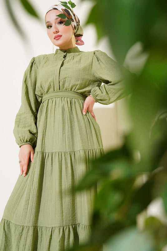 Robe en seersucker à demi-bouton et à plusieurs niveaux, kaki