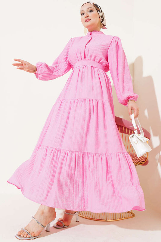 Half Buttoned Layered Seersucker Dress Pink