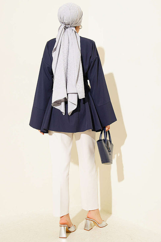 Yarım Düğmeli Kendinden Kuşaklı Tunik Lacivert