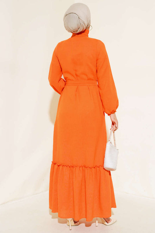 Halb geknöpftes Leinenkleid Orange