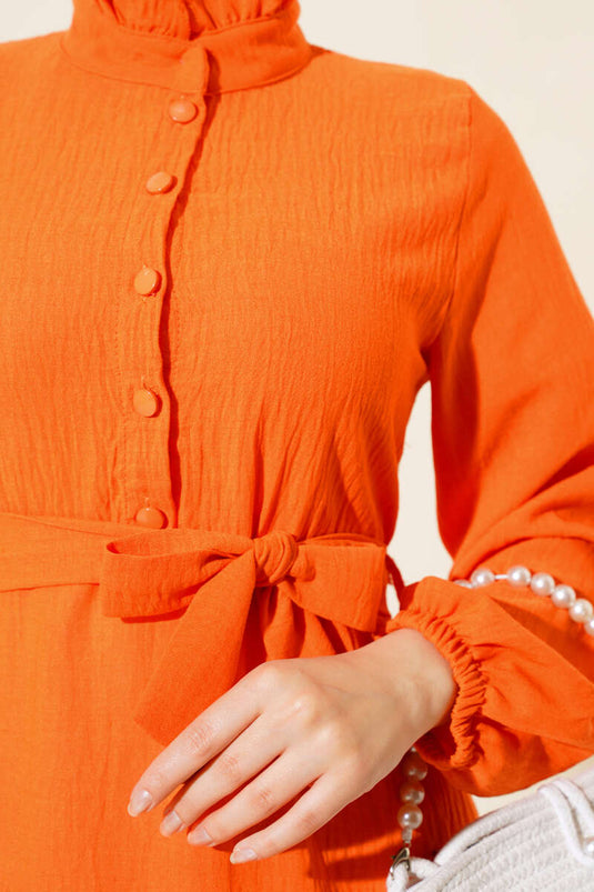 Halb geknöpftes Leinenkleid Orange