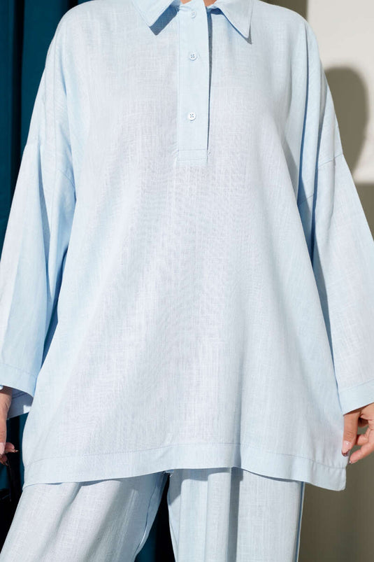 Zweiteiliger Leinenanzug mit halben Knöpfen Blau