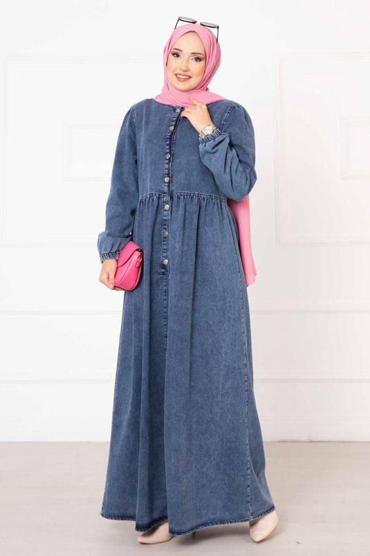 Half Buttoned Elastic Sleeve Denim Dress Blue