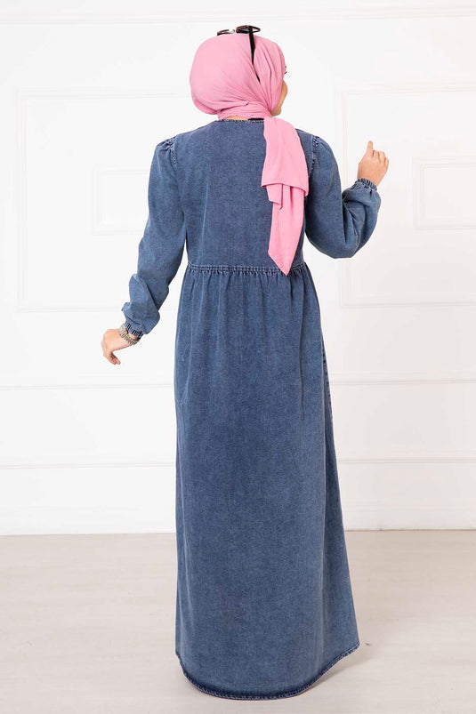 Half Buttoned Elastic Sleeve Denim Dress Blue