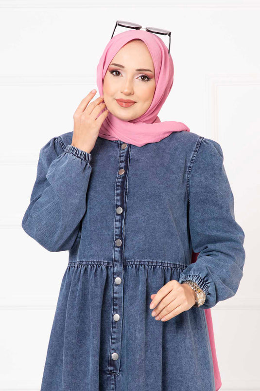 Half Buttoned Elastic Sleeve Denim Dress Blue