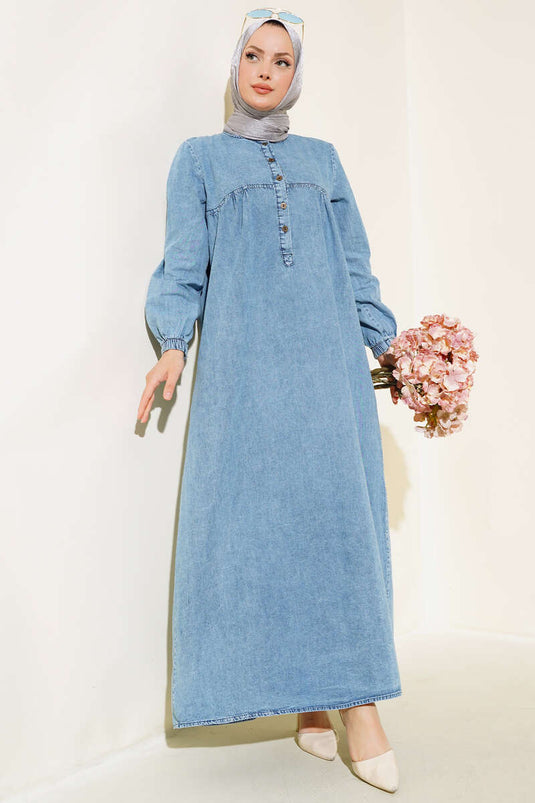 Robe En Jean Demi Boutonnée Bleu Denim