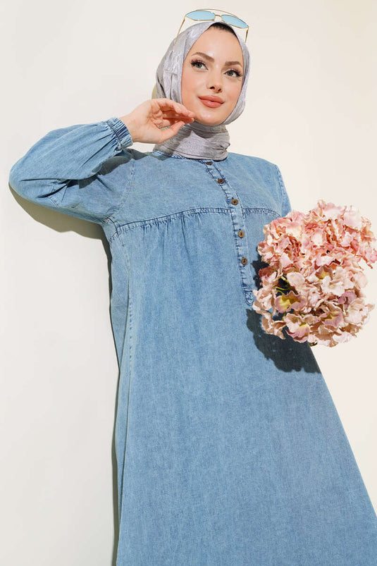 Robe En Jean Demi Boutonnée Bleu Denim