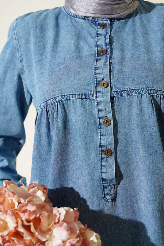 Robe En Jean Demi Boutonnée Bleu Denim