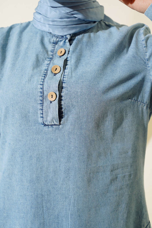 Tunique En Jean Demi Boutonnée Bleu Denim