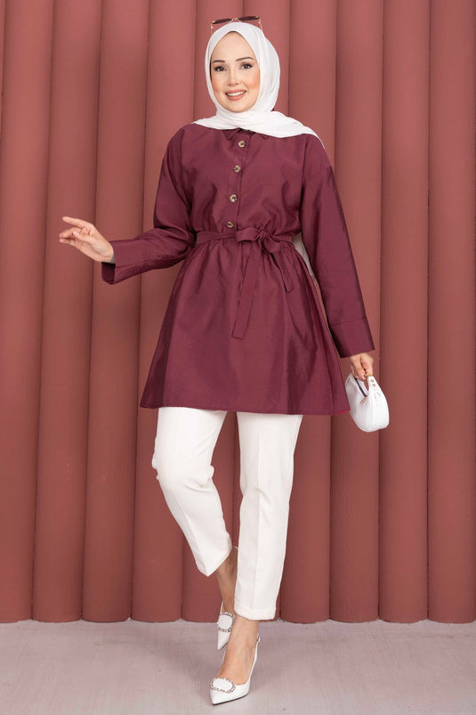 Yarım Düğmeli Kuşaklı Beli Büzgülü Tunik Bordo