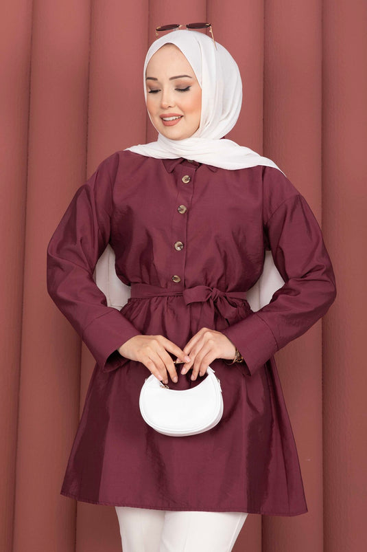 Yarım Düğmeli Kuşaklı Beli Büzgülü Tunik Bordo