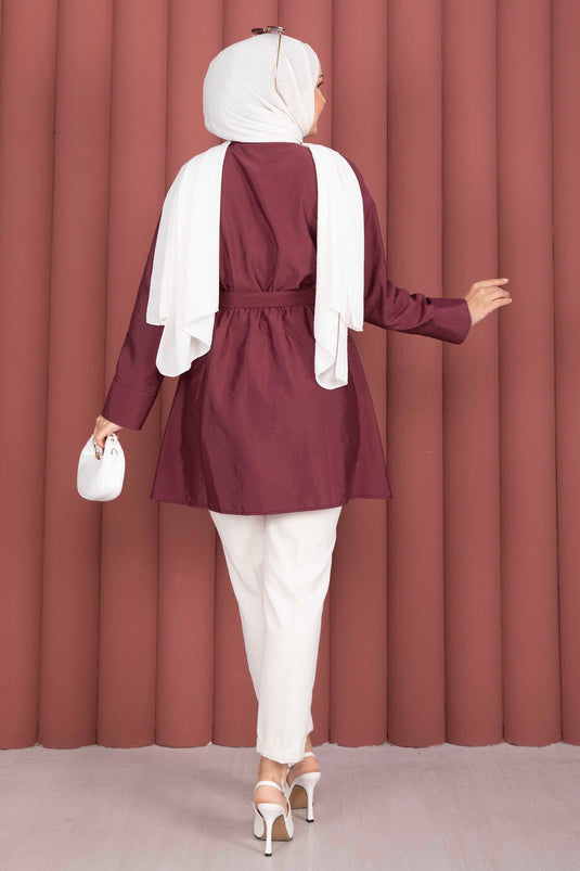 Yarım Düğmeli Kuşaklı Beli Büzgülü Tunik Bordo