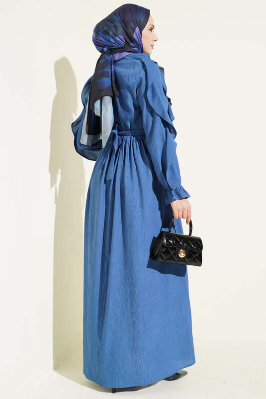 Robe bleu marine à volants avec ceinture et demi-boutons