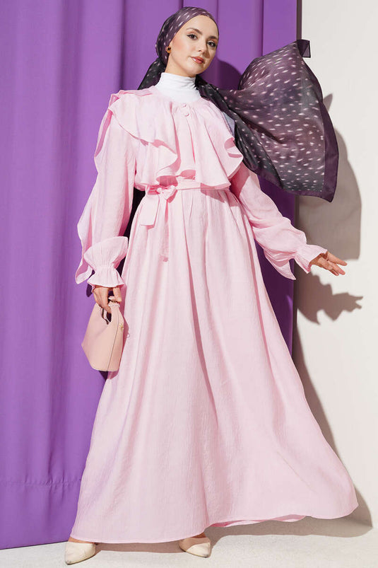Half-Buttoned Belted Ruffled Dress Pink