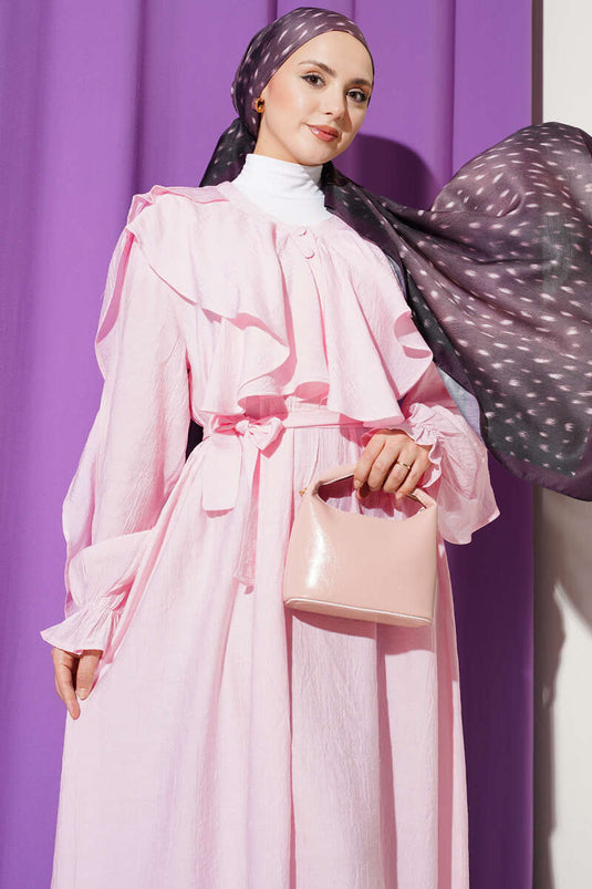 Half-Buttoned Belted Ruffled Dress Pink