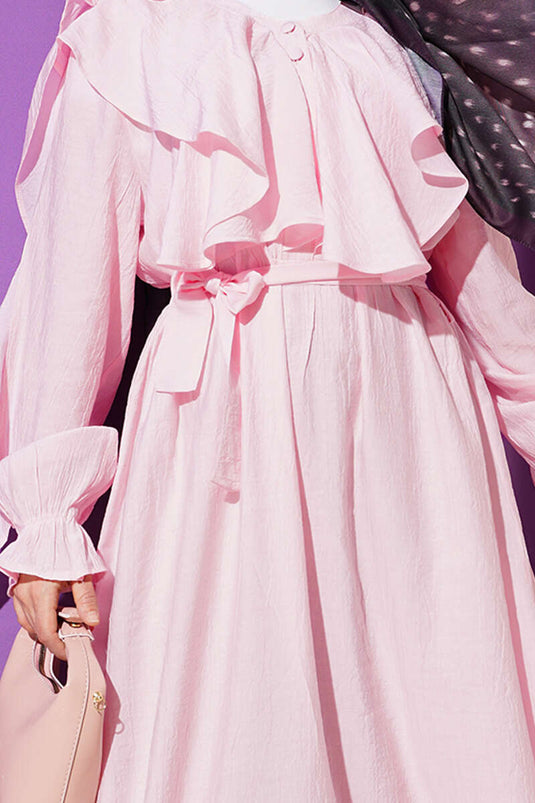 Half-Buttoned Belted Ruffled Dress Pink
