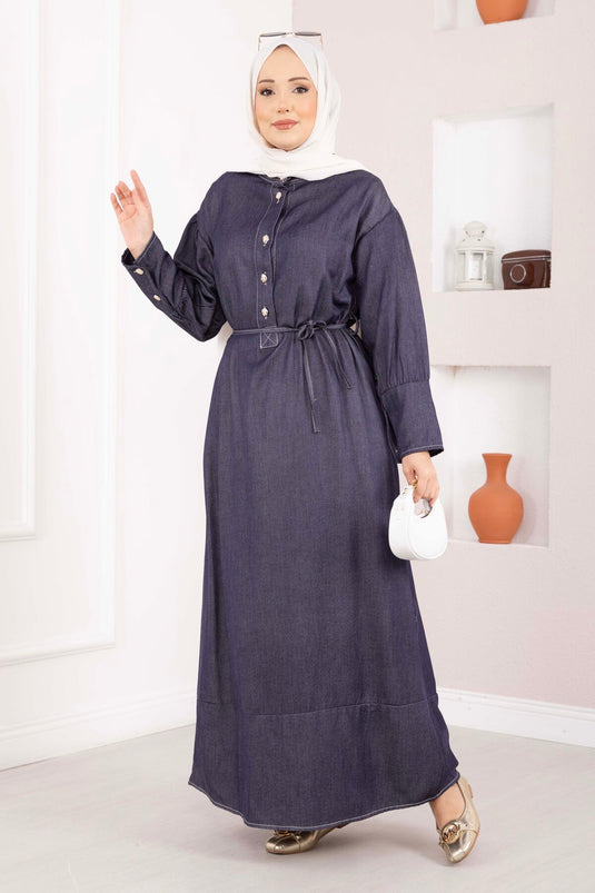Robe en jean bleu marine à demi-boutons avec ceinture en tencel