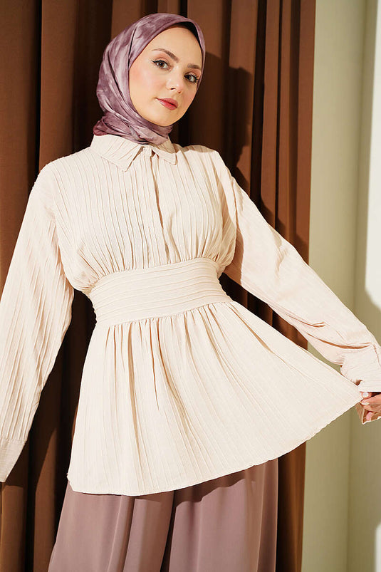 Beige Half Button Front Tie Tunic