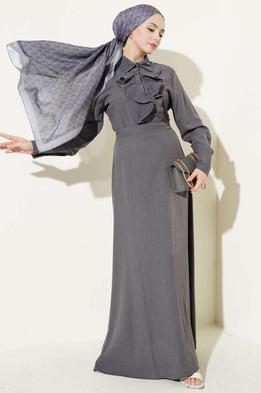 Kleid mit halber Knopfleiste und Rüschensaum, Rauchgrau