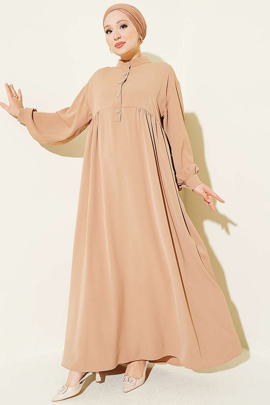 Yarım Düğmeli Oversize Elbise Latte