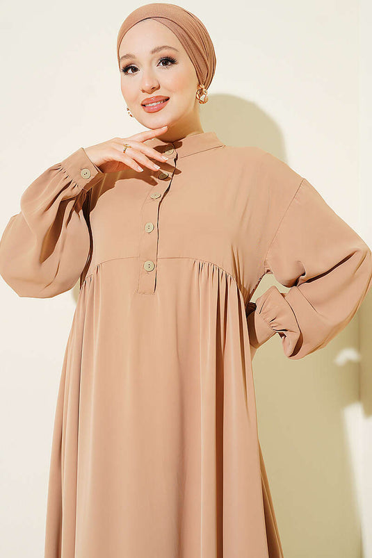 Yarım Düğmeli Oversize Elbise Latte