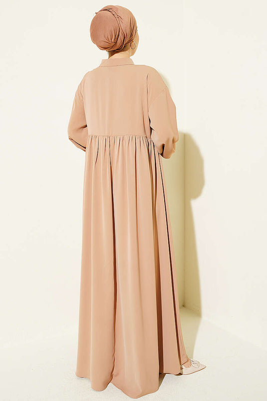 Yarım Düğmeli Oversize Elbise Latte