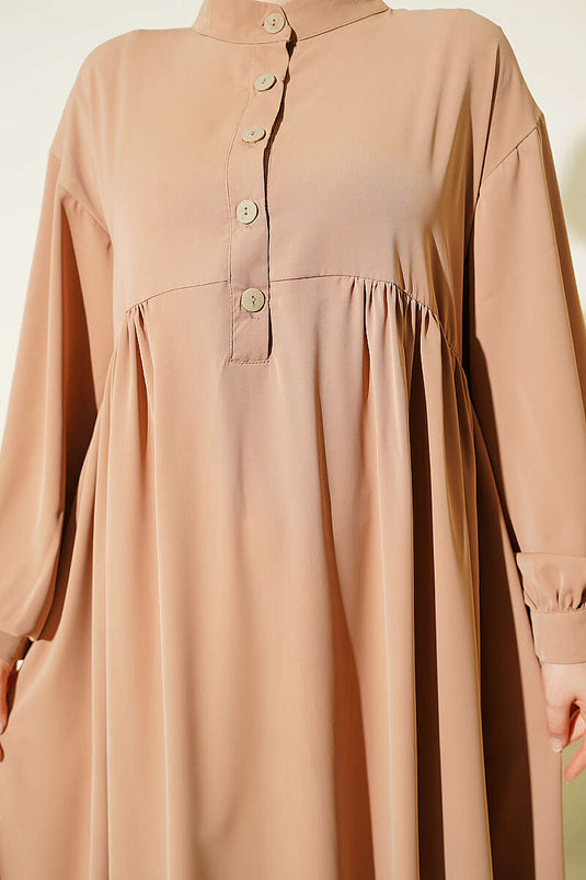 Yarım Düğmeli Oversize Elbise Latte