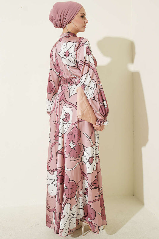 Halbknöpfbares Blumen-Satin-Kleid In Rose Taupe