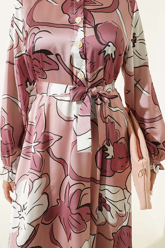 Halbknöpfbares Blumen-Satin-Kleid In Rose Taupe