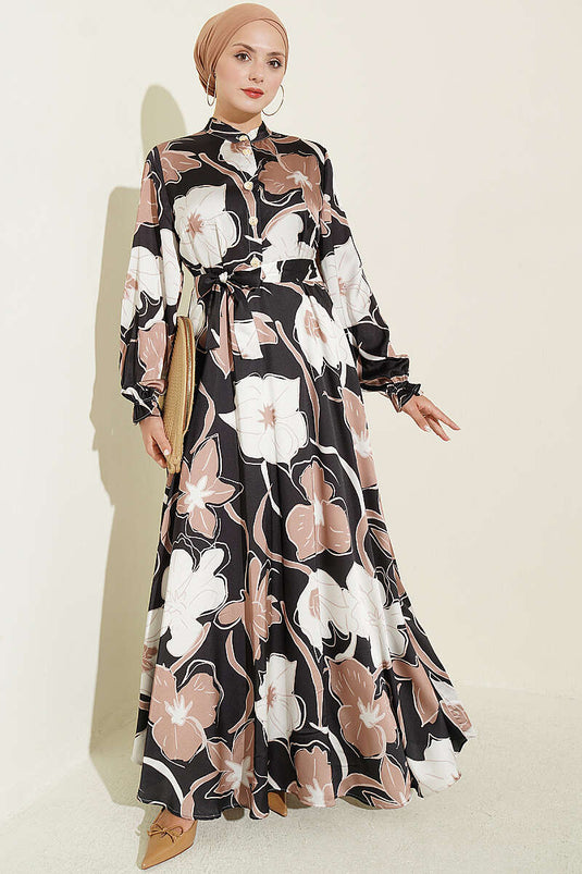 Halbknöpfbares Blumen-Satin-Kleid Latte