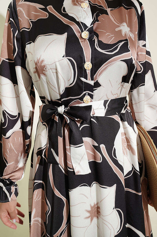 Halbknöpfbares Blumen-Satin-Kleid Latte