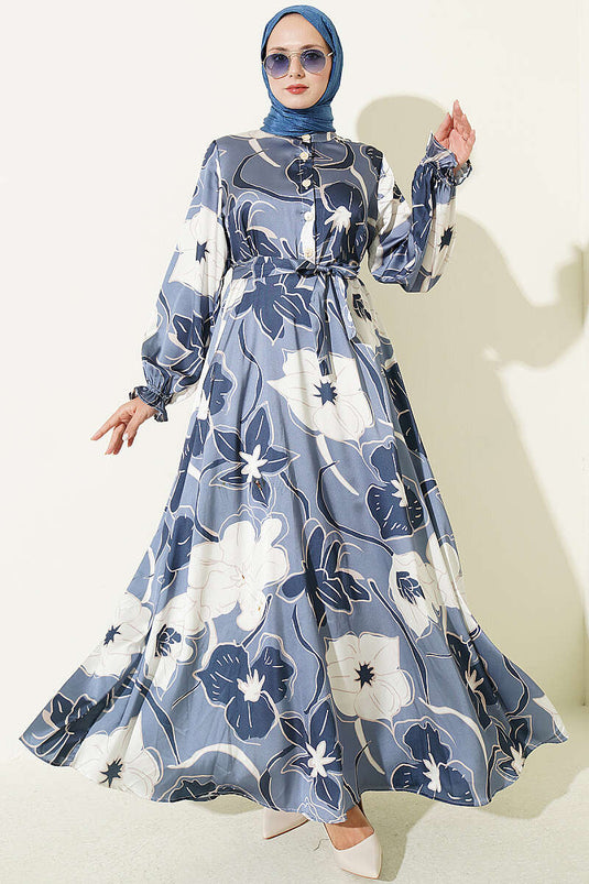 Robe En Satin Floral À Demi-Boutons Bleue