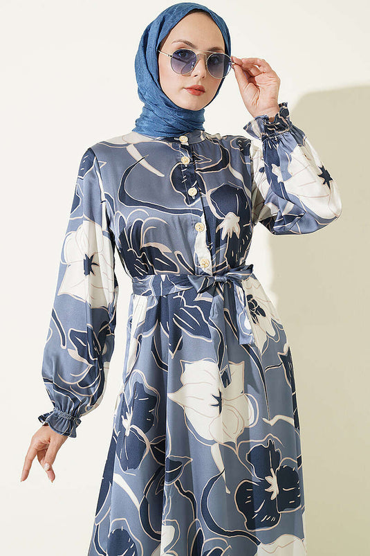 Robe En Satin Floral À Demi-Boutons Bleue