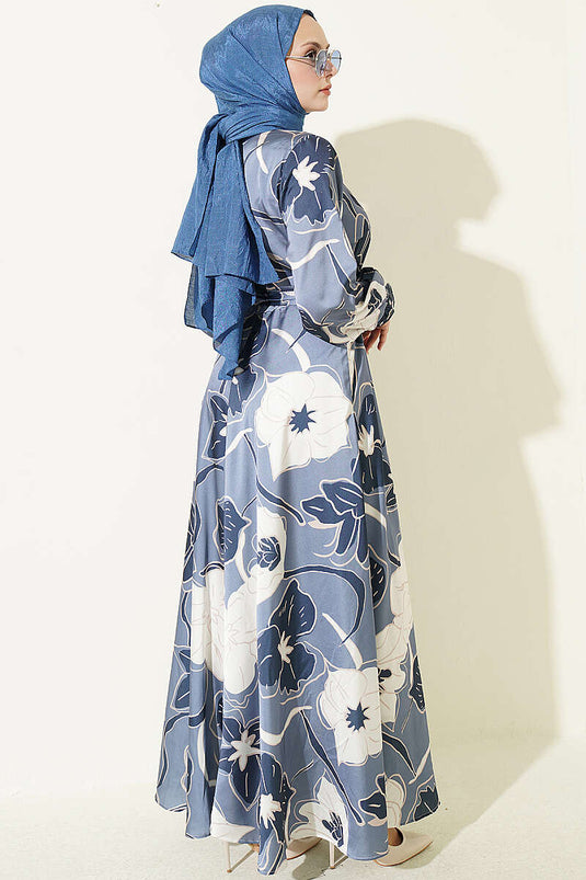 Robe En Satin Floral À Demi-Boutons Bleue