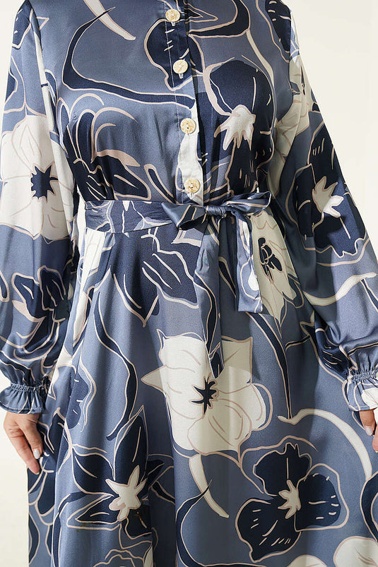 Robe En Satin Floral À Demi-Boutons Bleue