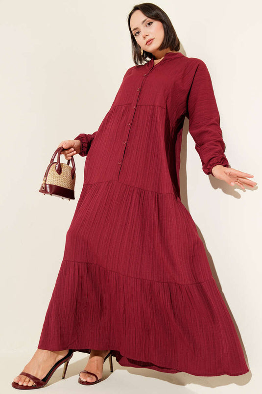 Yarım Düğmeli Patlı Kat Elbise Bordo