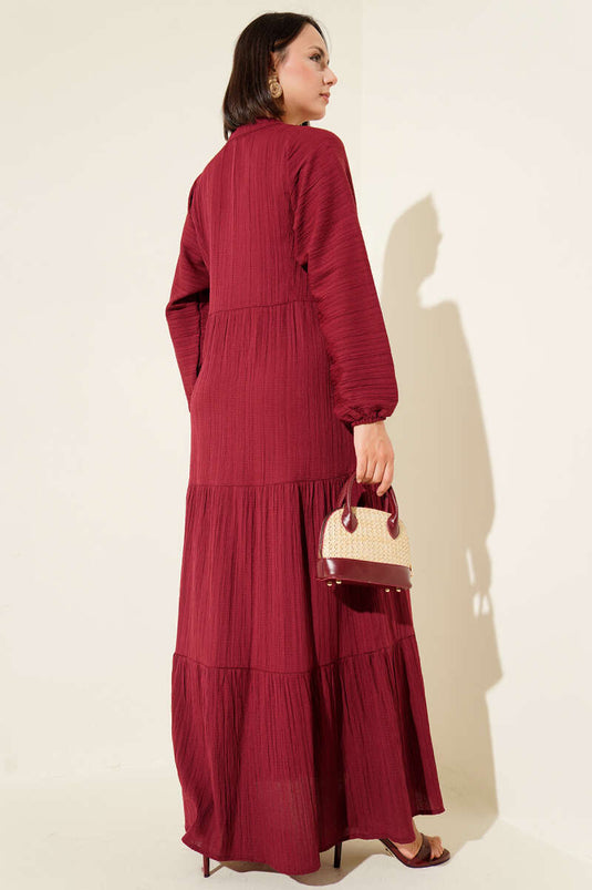 Yarım Düğmeli Patlı Kat Elbise Bordo