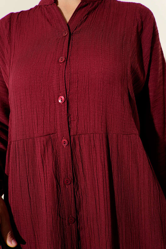 Yarım Düğmeli Patlı Kat Elbise Bordo