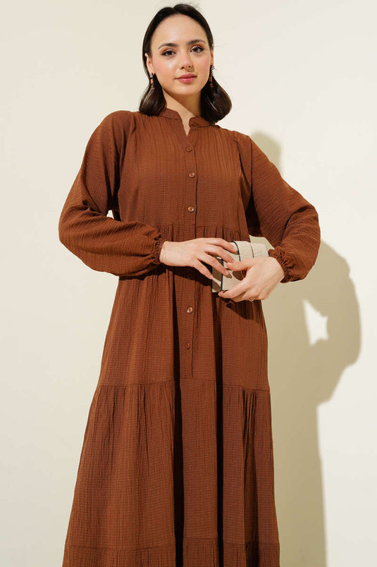 Half Button Placket Layered Dress Brown