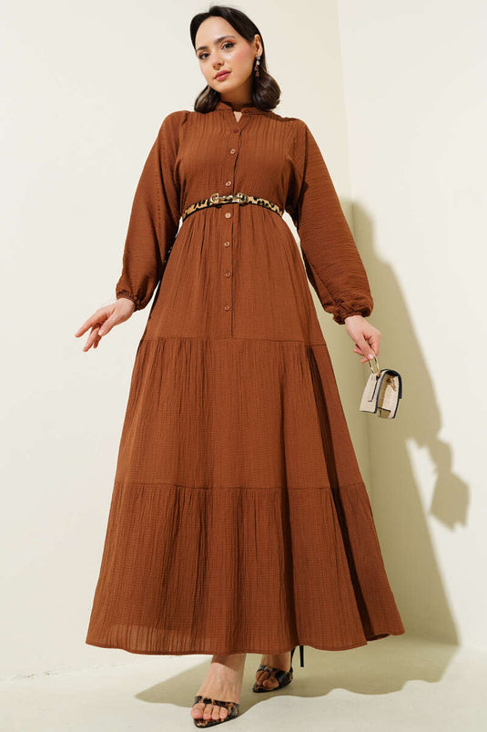 Half Button Placket Layered Dress Brown