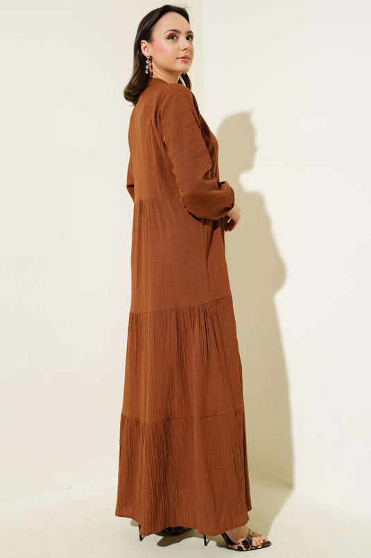 Half Button Placket Layered Dress Brown