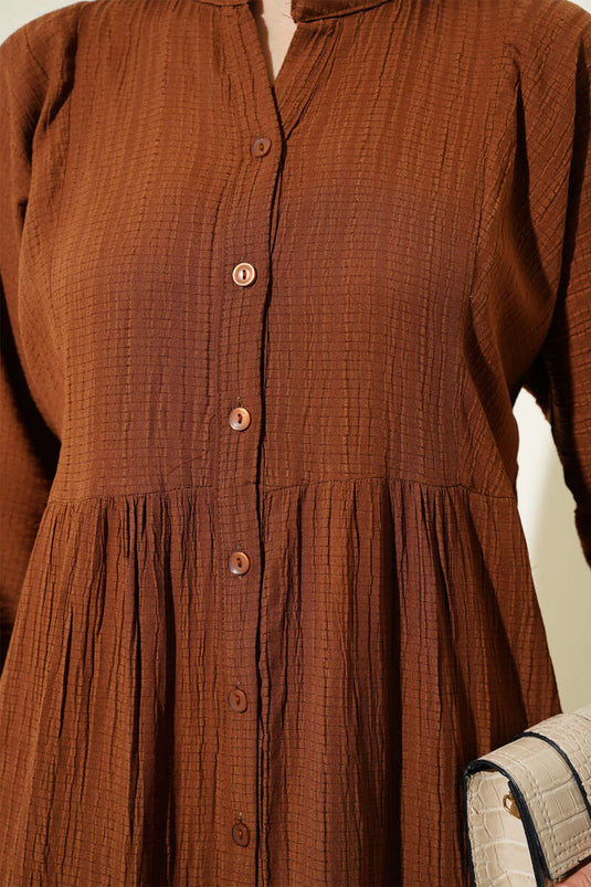 Half Button Placket Layered Dress Brown