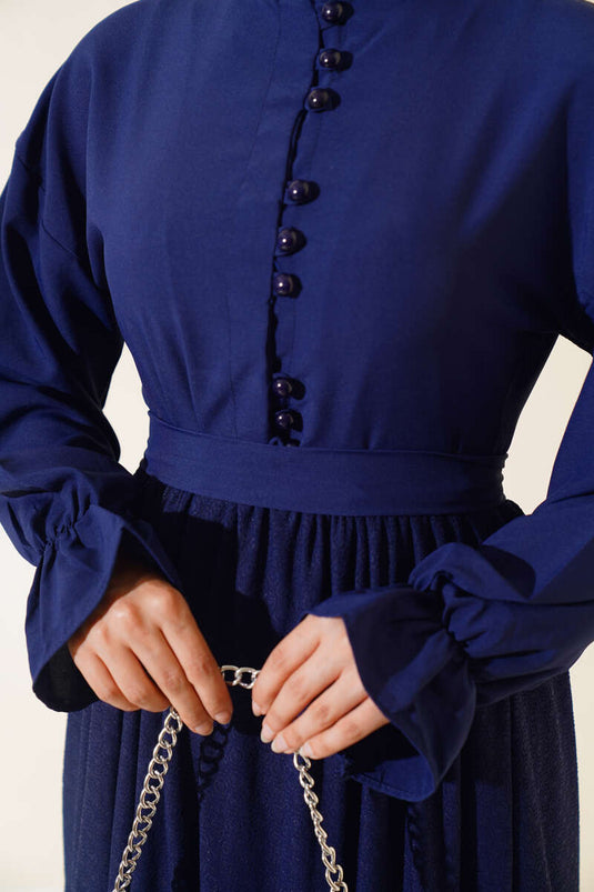 Robe Dentelle Nid d'Abeille Demi Boutonnée Bleu Marine