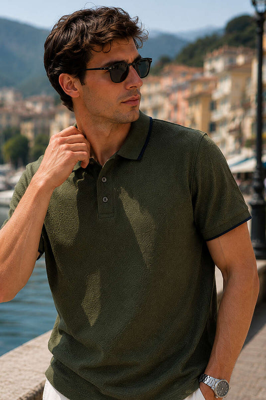 Yarım Düğmeli Polo Yaka Waffle Erkek T-shirt Haki